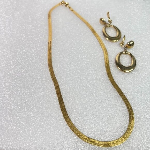 Monet Gold-Tone 18" Herringbone Necklace & Oval Polished Clip-On Earrings Set - Picture 1 of 10